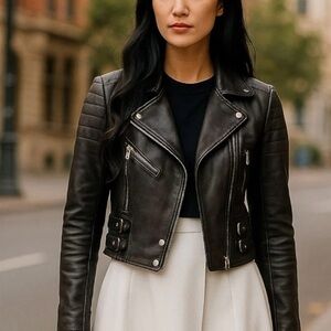 NWT Infinity London Classic Brando Cropped Black Leather Moto Jacket